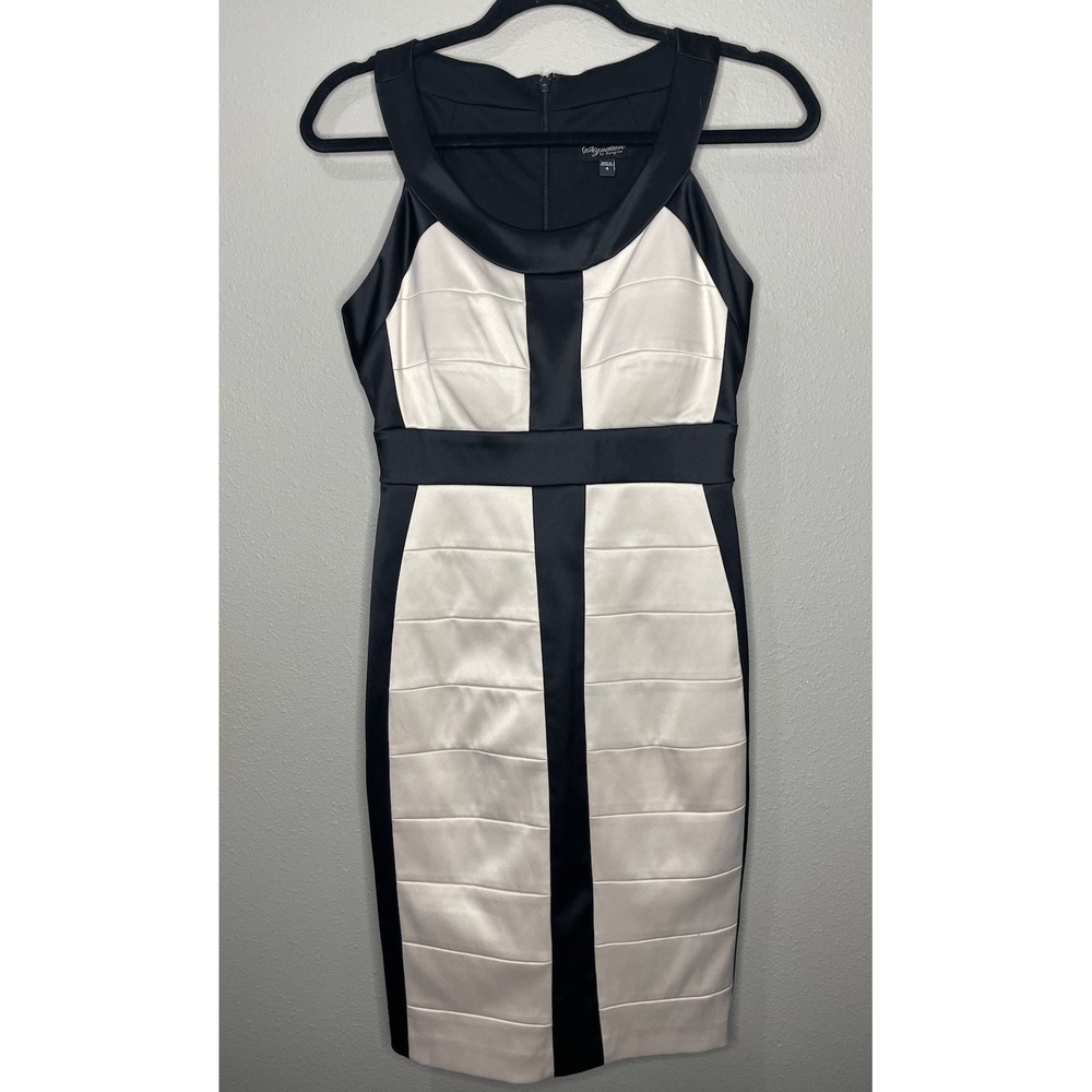 Signature by Sangria Midi Luxe Bodycon Bandage Dress, Beige And Black, Size 4